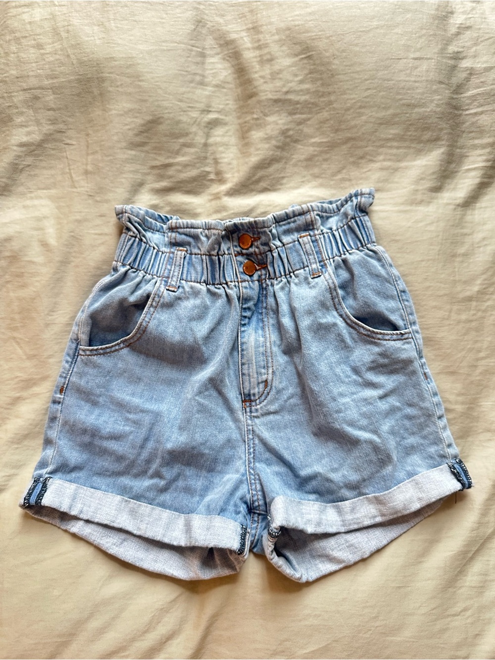 See Thru Soul Light Blue Paperbag Waist Denim Shorts